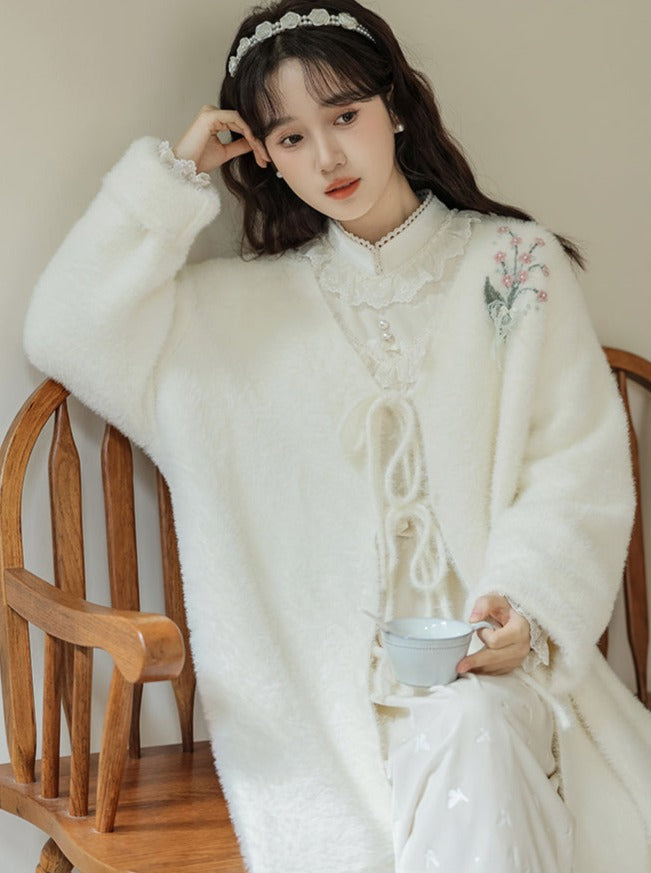 Rüschen-Gartenkleid-Cardigan, ausgestellt, Milchweiß + lang