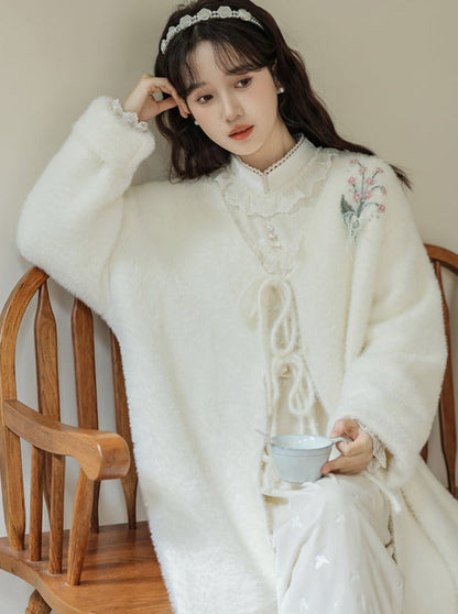 Rüschen-Gartenkleid-Cardigan, ausgestellt, Milchweiß + lang