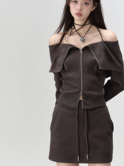 Off-Shoulder + Träger-Sweatshirtrock mit Reißverschluss