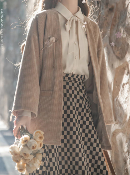 Chiffon Jacket Skirt Retro + Ribbon Checkered Dark Feather Skirt Shirt + Note Showa Brooch Cherry Gray