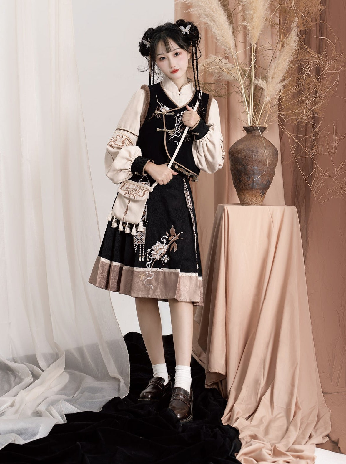 エキゾチックプラスブラウスベストフラワースリーブバッグショルダーバルーンフレアスカート