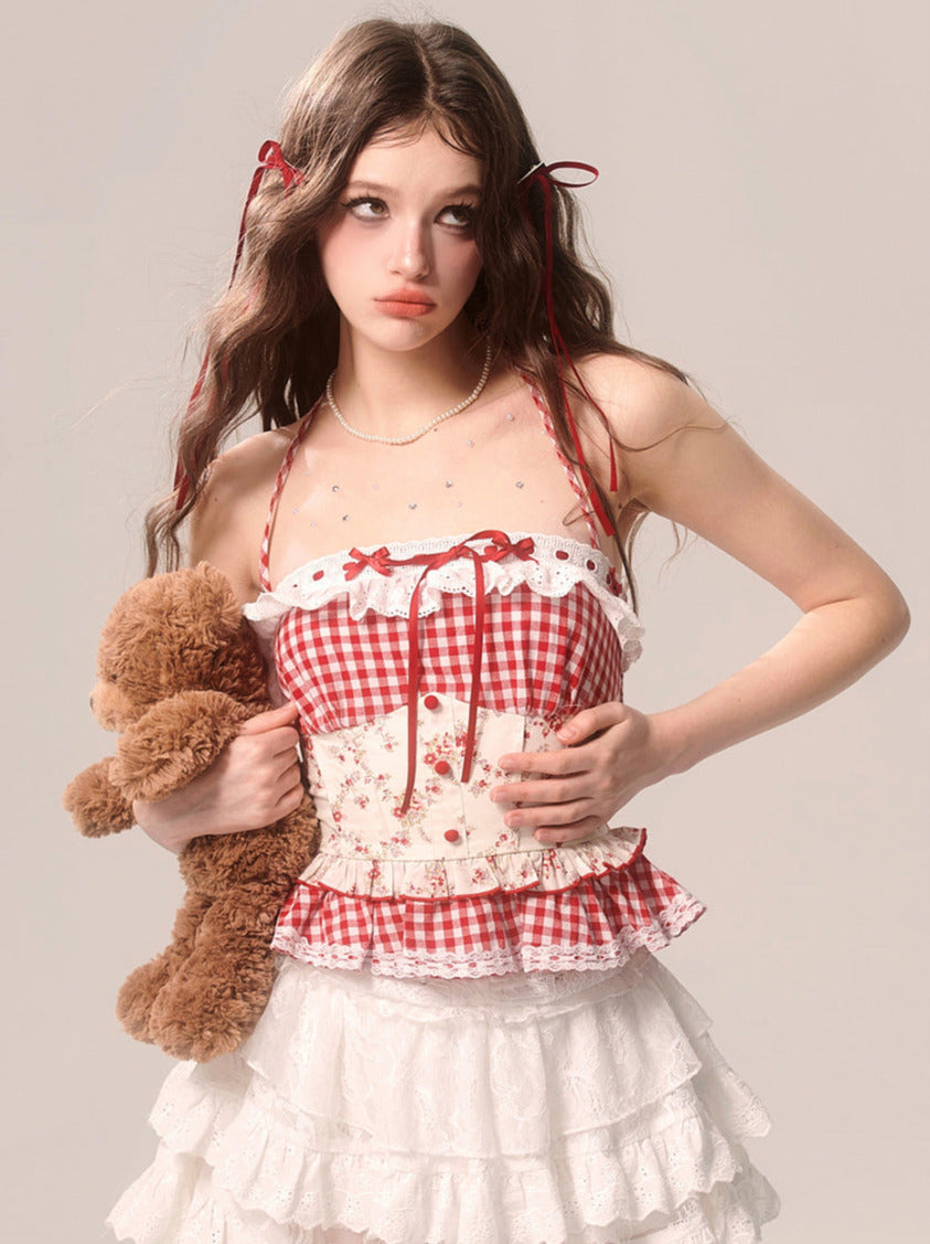 Erdbeer-Top, Neckholder, Kuchen-Hosenträger, kariert, Spitze