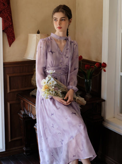 プリントドレス シフォン ブルーム フレンチ バタフライ