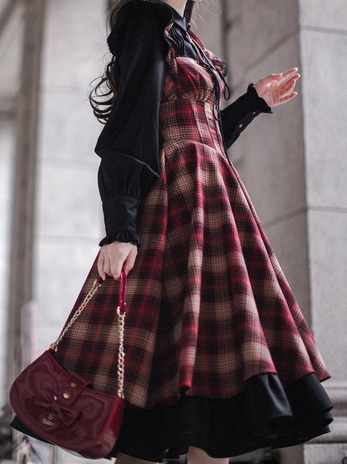 Layered + Ruffle Check Shirt Retro Ribbon Elegant + Shoulder Dress Suit Ruffle Black Sleeve Accessories