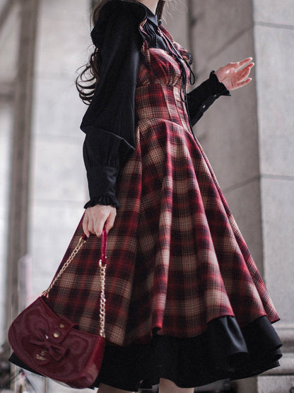 Ruffle Black Accessories Suit Ruffle Shoulder Ribbon + Sleeve Shirt + Retro Elegant Dress Check Layered