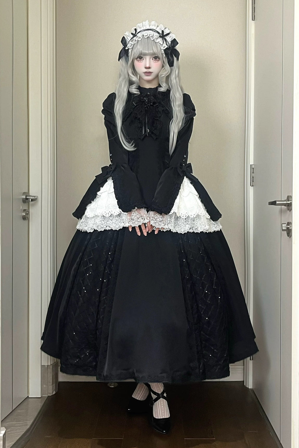 Gothic Black and White Widow Lace Princess Sleeve Faux Two-Piece Long Dress