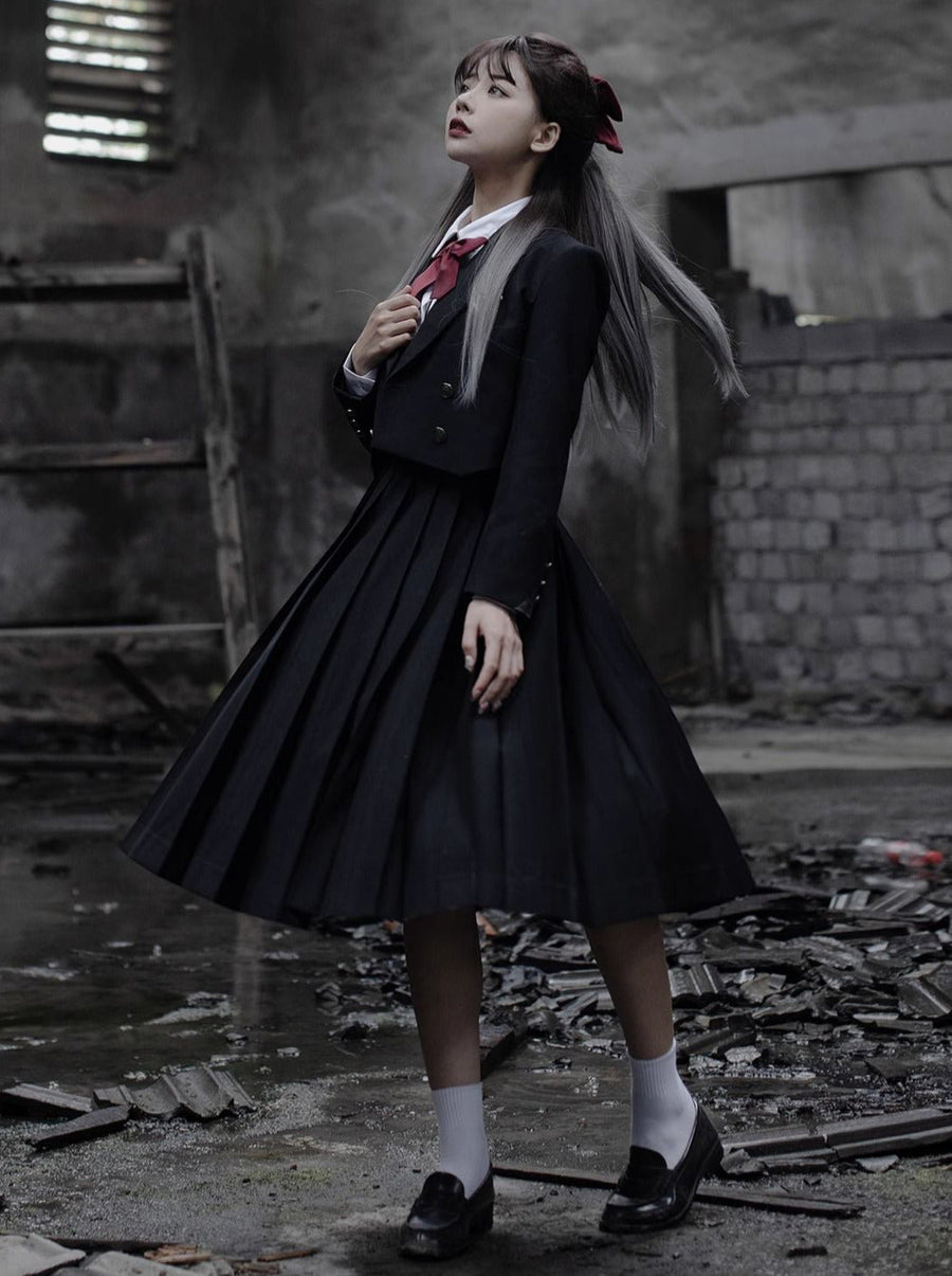 Chemise Veste Robe Blanche Princesse Noire Courte Plissée Style Collège Col V