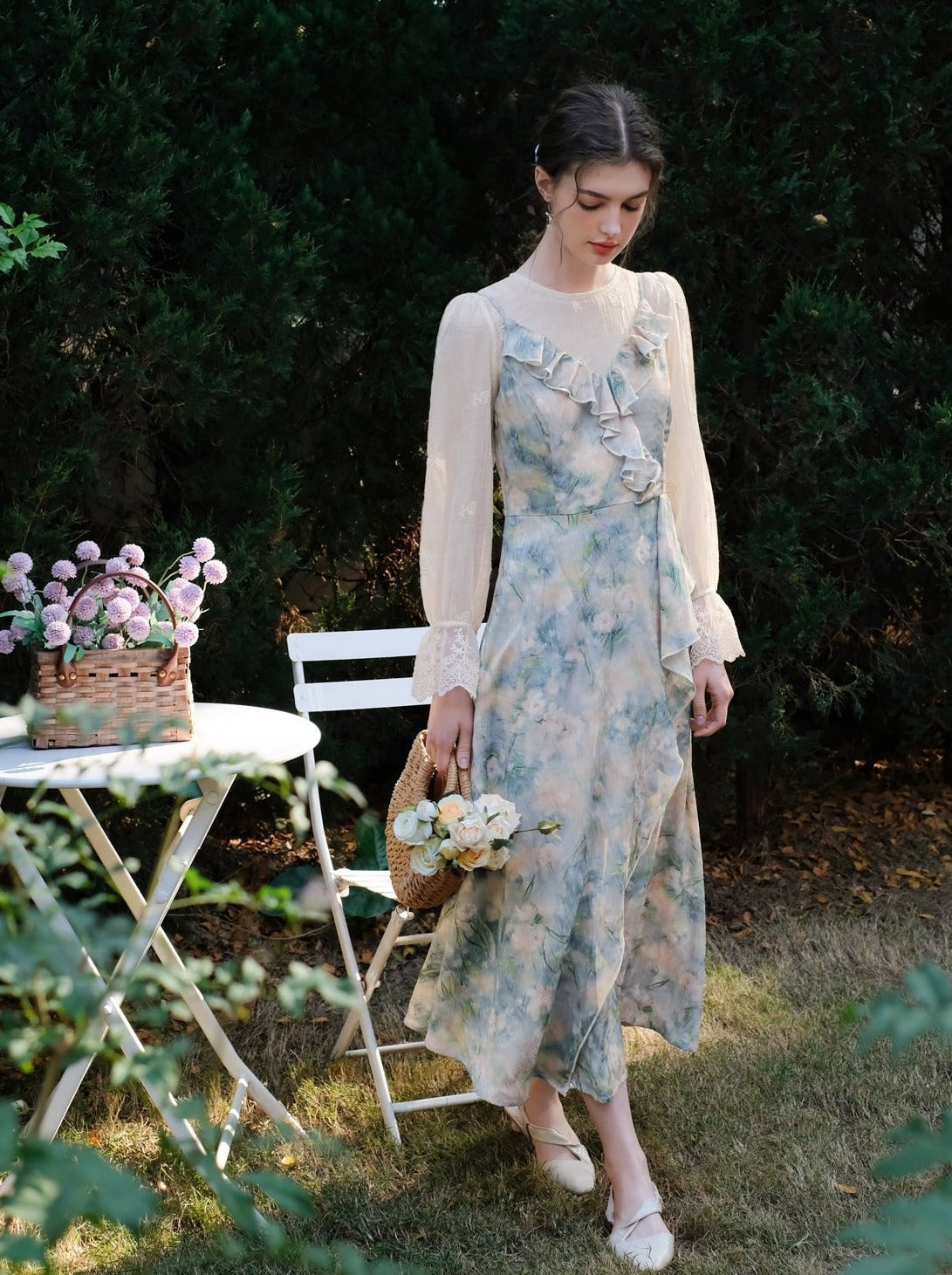 モーニングスモーク + キャミソールドレス ブルーブラウス ミストシフォン