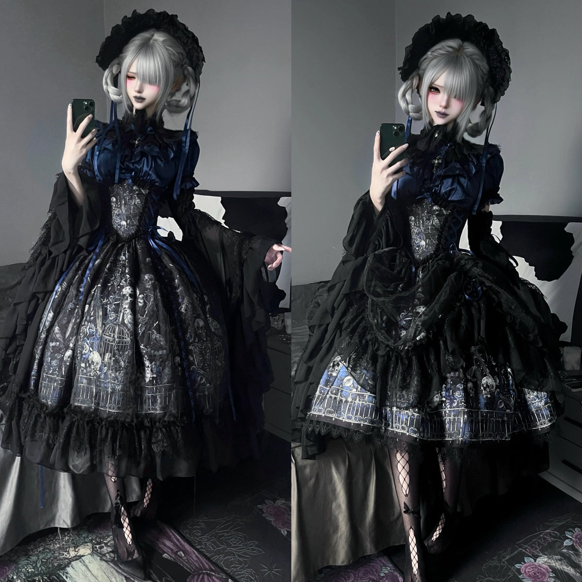 Caged Remains blouse and corset-waist skirt styled with Gothic headwear