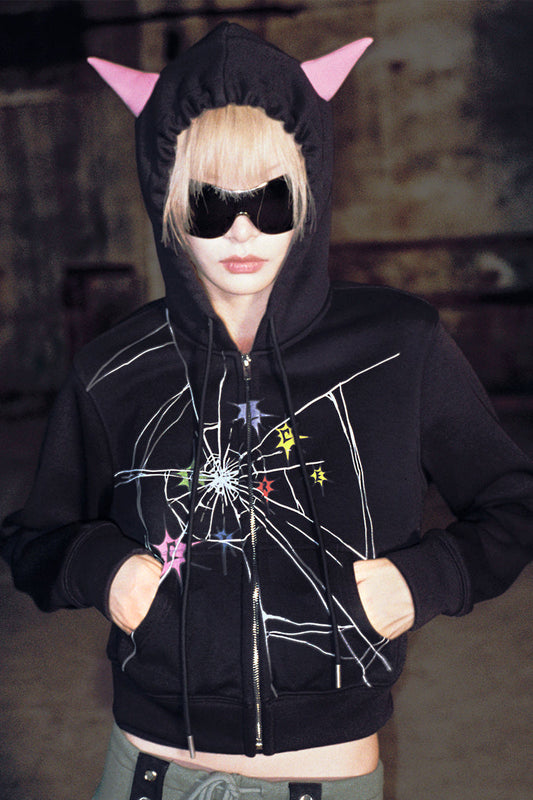 Devil Pointed Crackle Hooded Short Sweatshirt