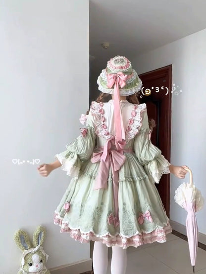 Four Seasons Floral Green Lolita Long Sleeve OP Dress