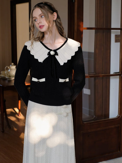 セーターブロックウェブリボンレトロラペルフレンチカラーカーディガン