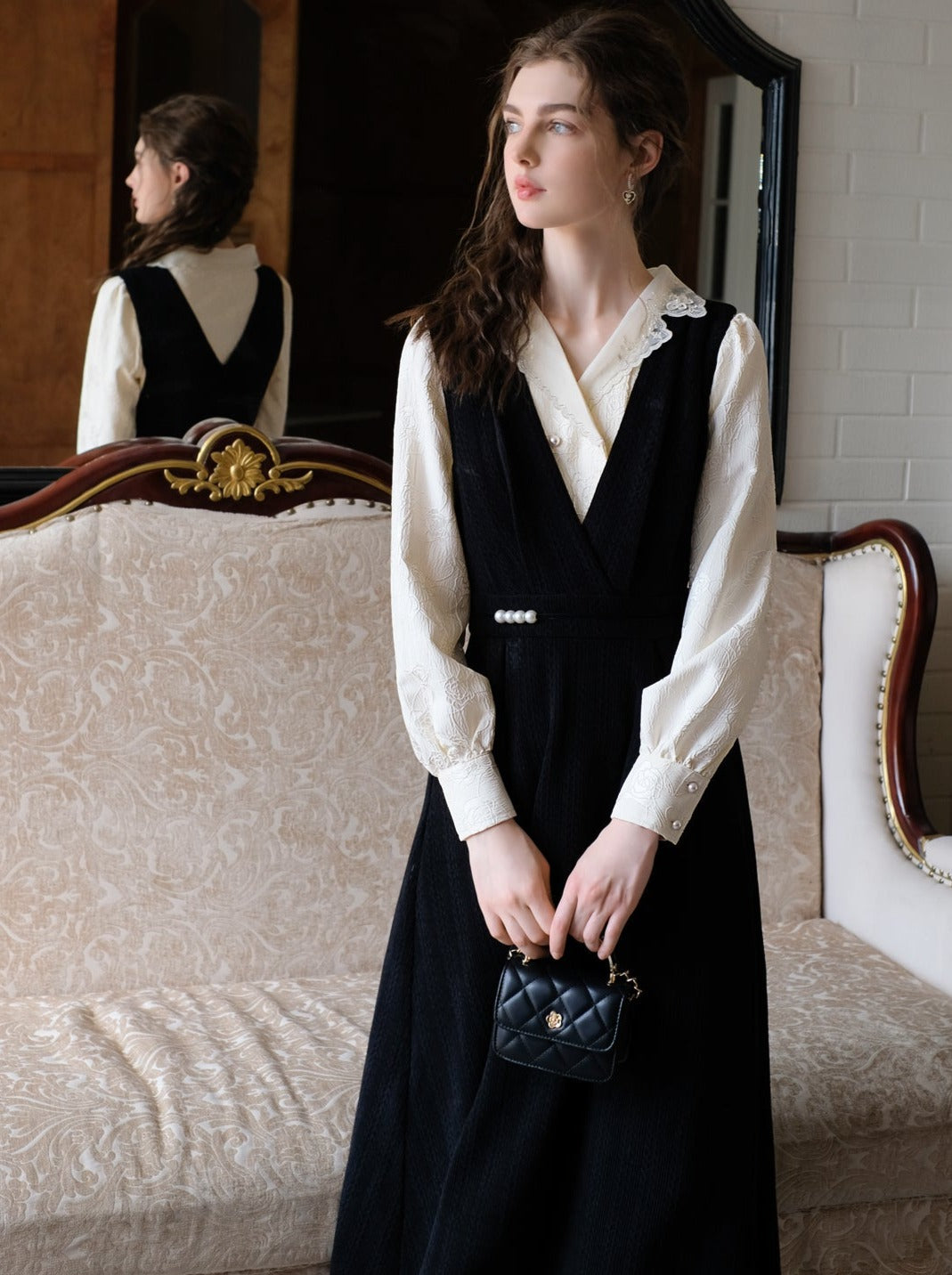 Jacquard Blumen Bluse Rock Hosenträger