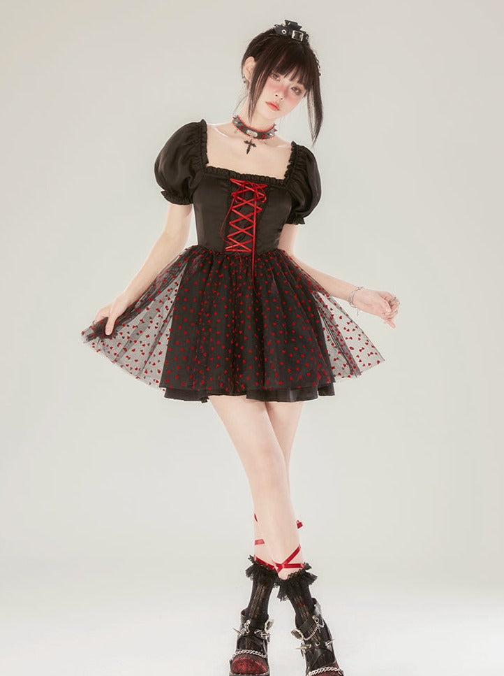 ブラックドットウエストドレスメッシュ