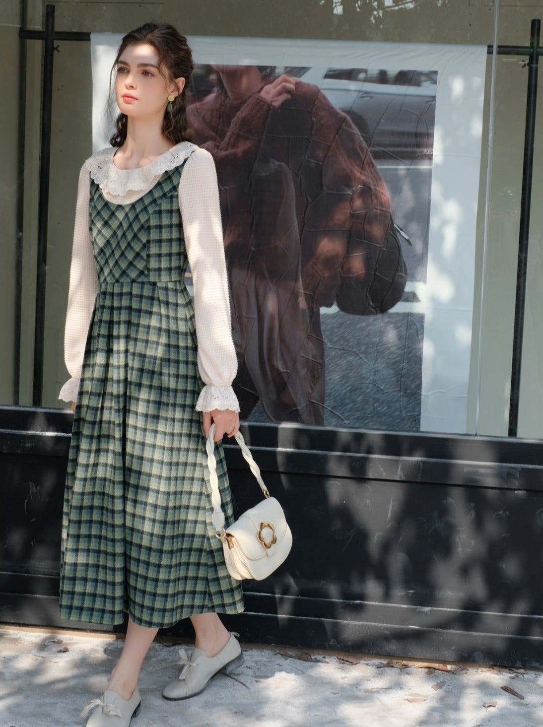 カラースカート レトロ サスペンダー グリーン チェック フリル ブラウス レース