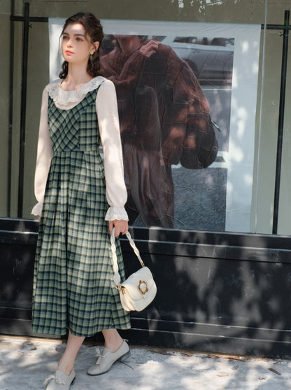 カラースカート レトロ サスペンダー グリーン チェック フリル ブラウス レース