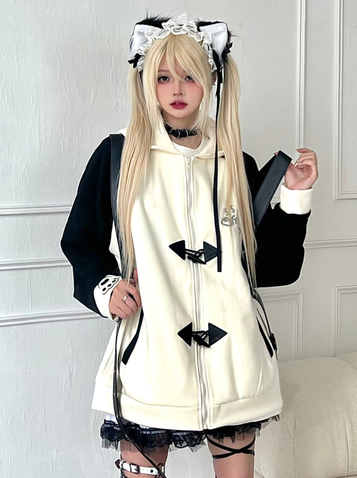 Collar Hood Hoodie Contrast Button Cat Ear Zip Horn