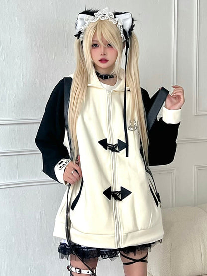 Collar Hood Hoodie Contrast Button Cat Ear Zip Horn