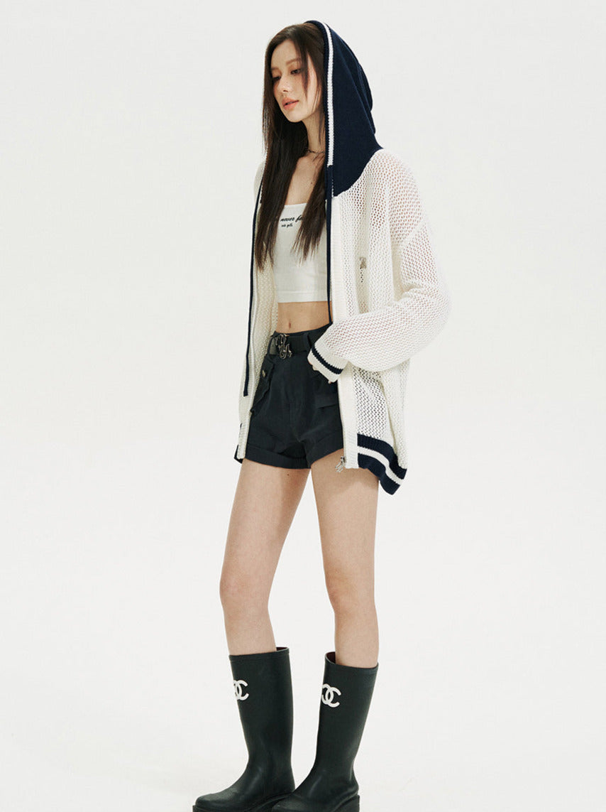 Kurzer/langer Hoodie aus transparentem Netzstrick mit Reißverschluss