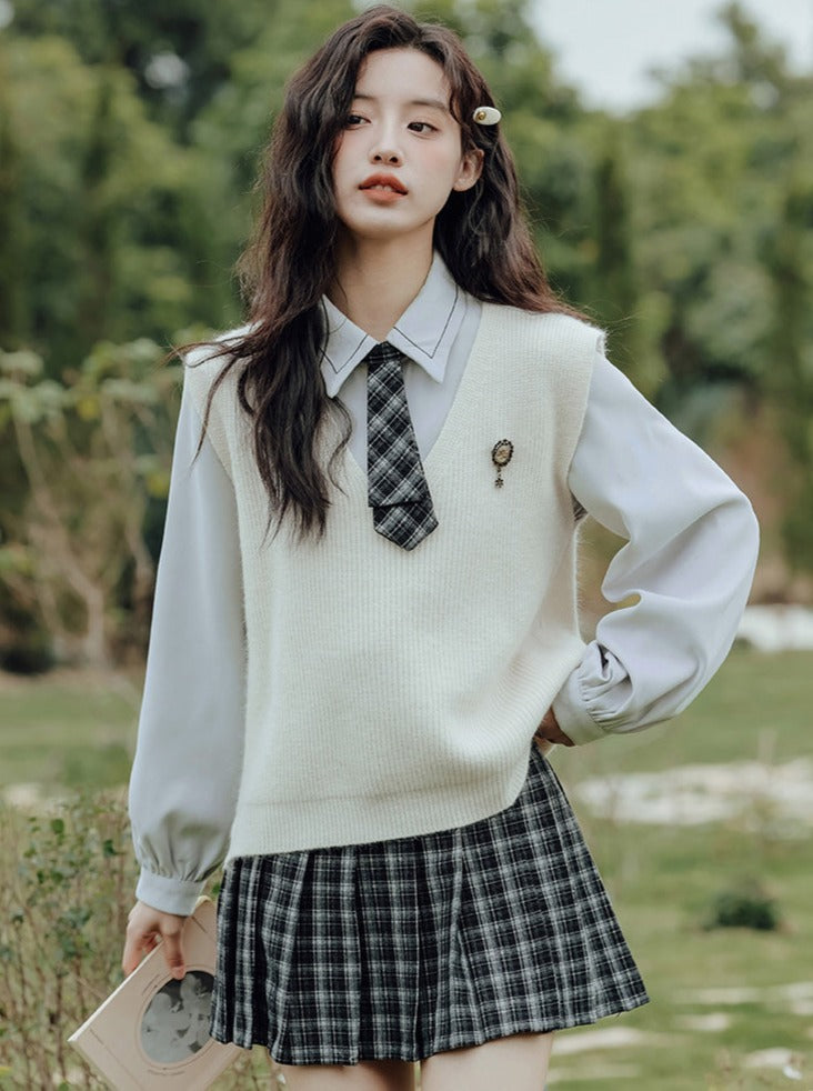 Vest College Skirt Colored Checked Knit Retro Shirt