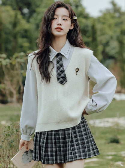 Vest College Skirt Colored Checked Knit Retro Shirt