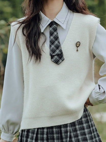 Vest College Skirt Colored Checked Knit Retro Shirt