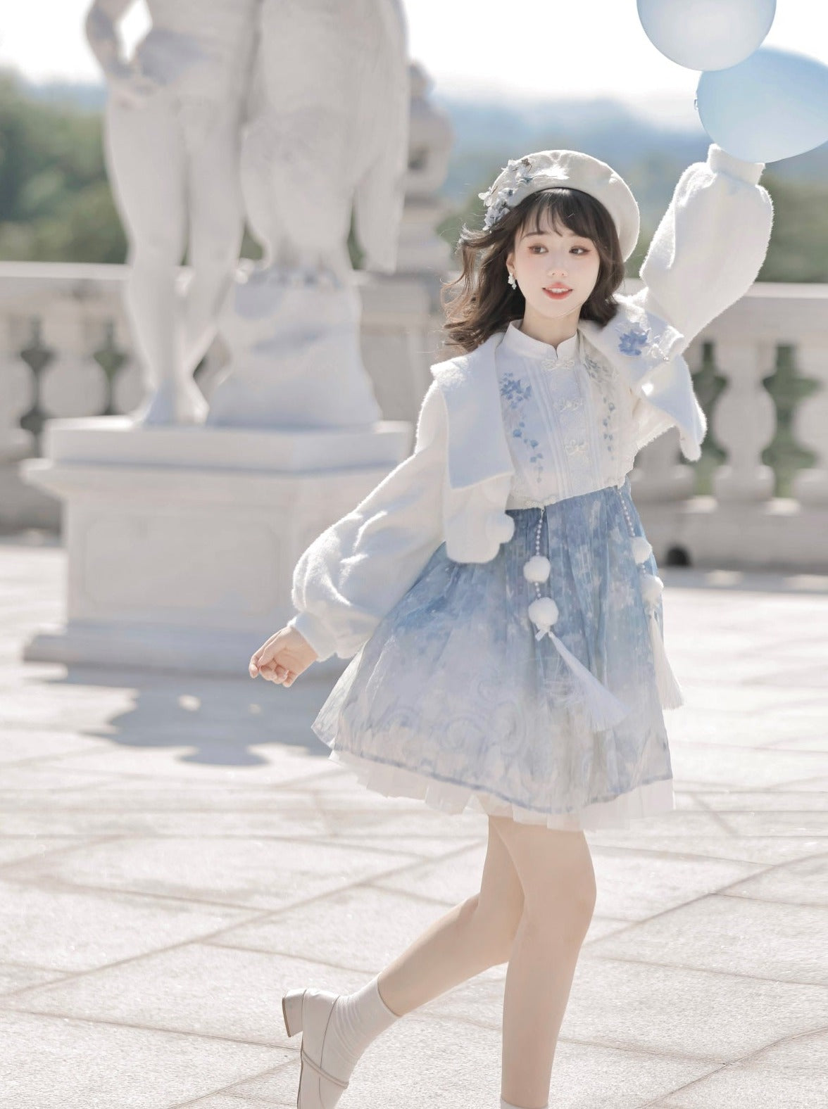 ドレス ショート ブルー チャイニーズファーコート アイス