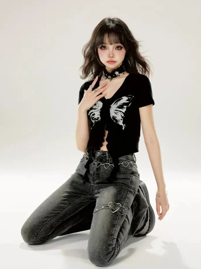 Kurzes schwarzes Top Butterfly Slim