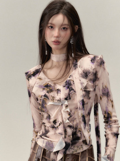 Nischen-Top mit V-Ausschnitt und Rüschendesign