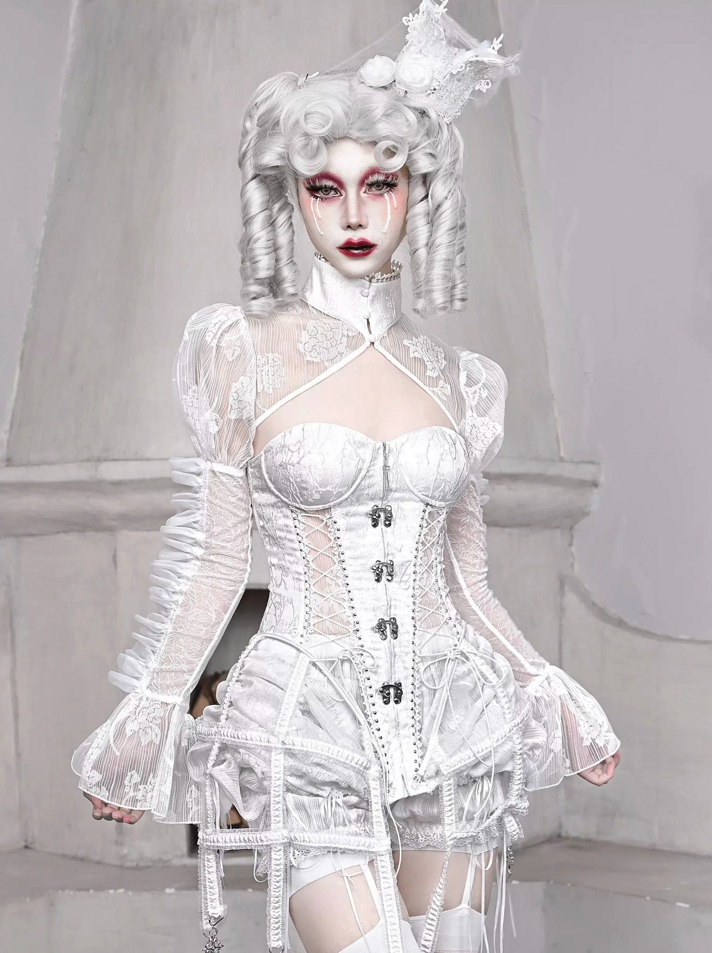 Schlafender Stand Gothic Kragen Chiffon Jacke Puff Weiß Kurz Alice Sheer Ärmel