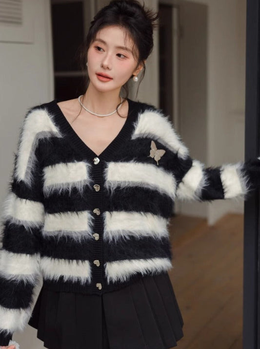 Gestreifter Schmetterlings-Chic-Shaggy-Cardigan