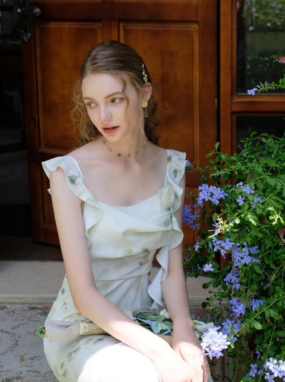 スカートトップ グリーン キャミソール フラワー シアー + シフォン