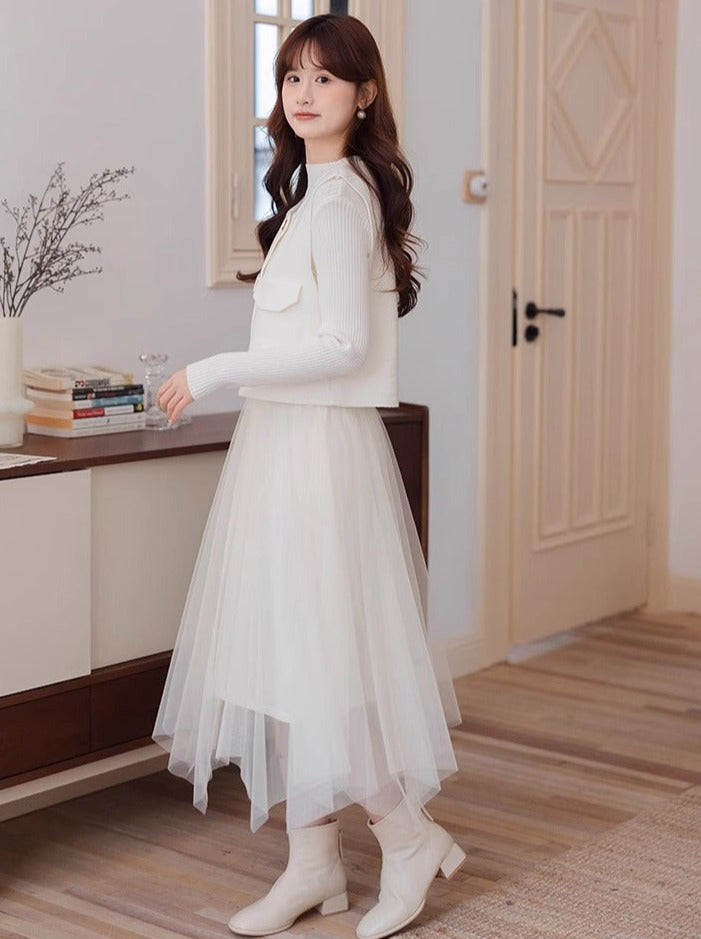 シースルー＋ショートフレグランスチュールエレガントベストドレス