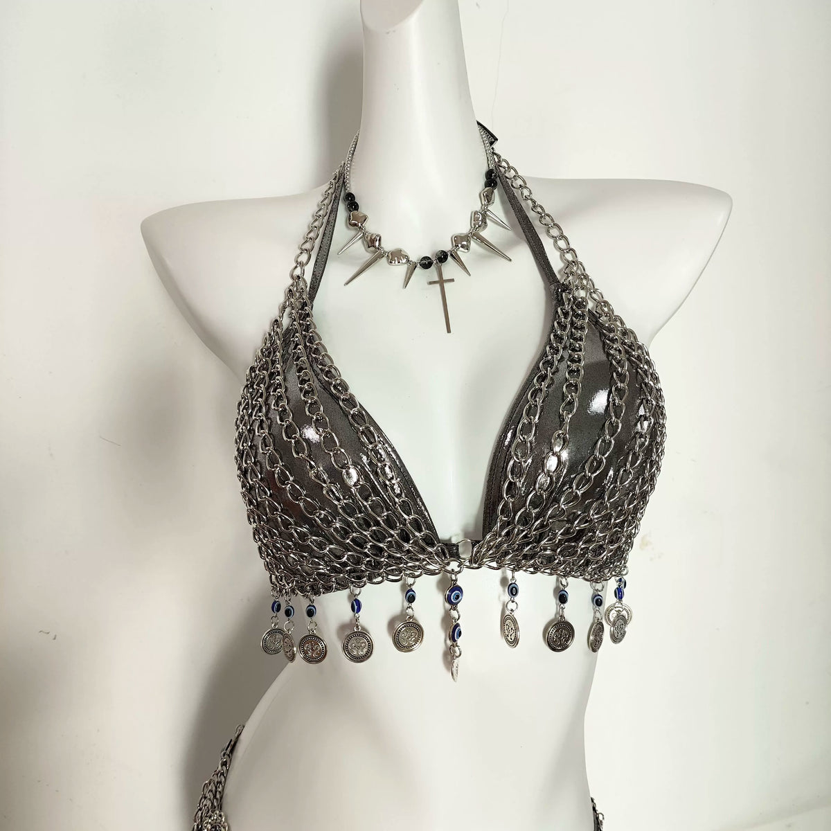 Punk Y2K Hottiepure Desire Silver Chain Bra Waist Set