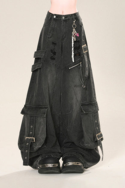 ストリートハイワイドリップデニムパンツ