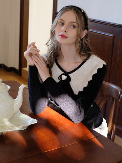 セーターブロックウェブリボンレトロラペルフレンチカラーカーディガン