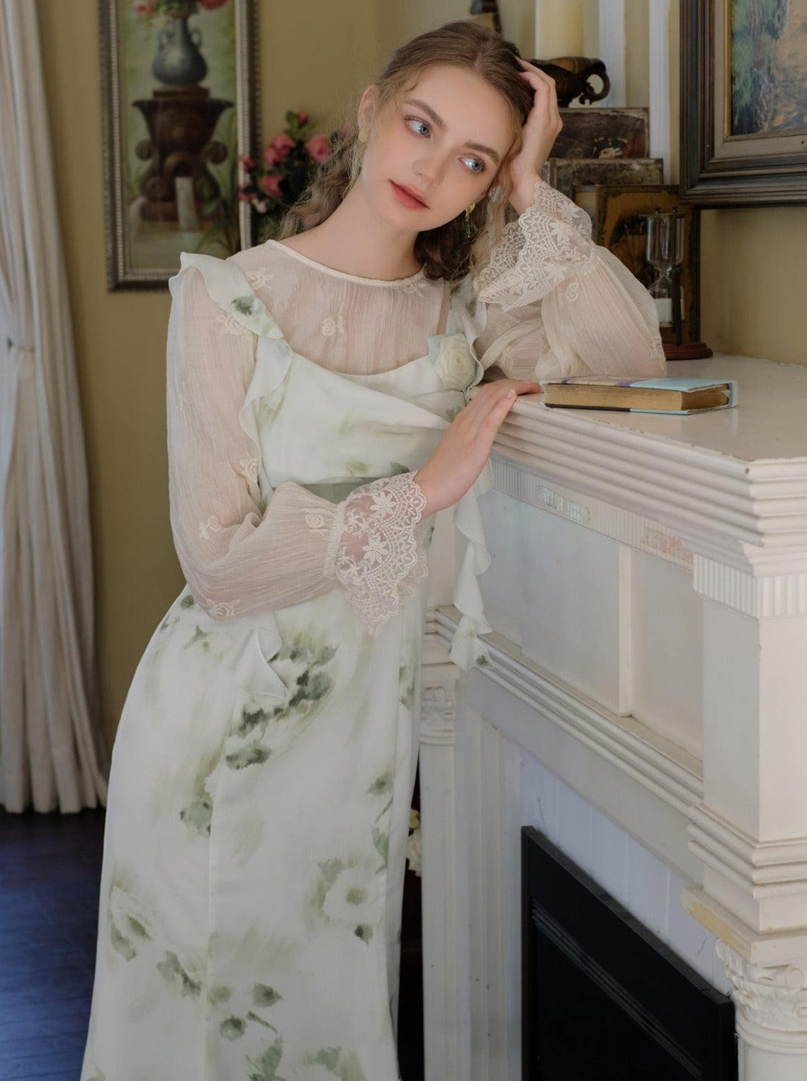 スカートトップ グリーン キャミソール フラワー シアー + シフォン