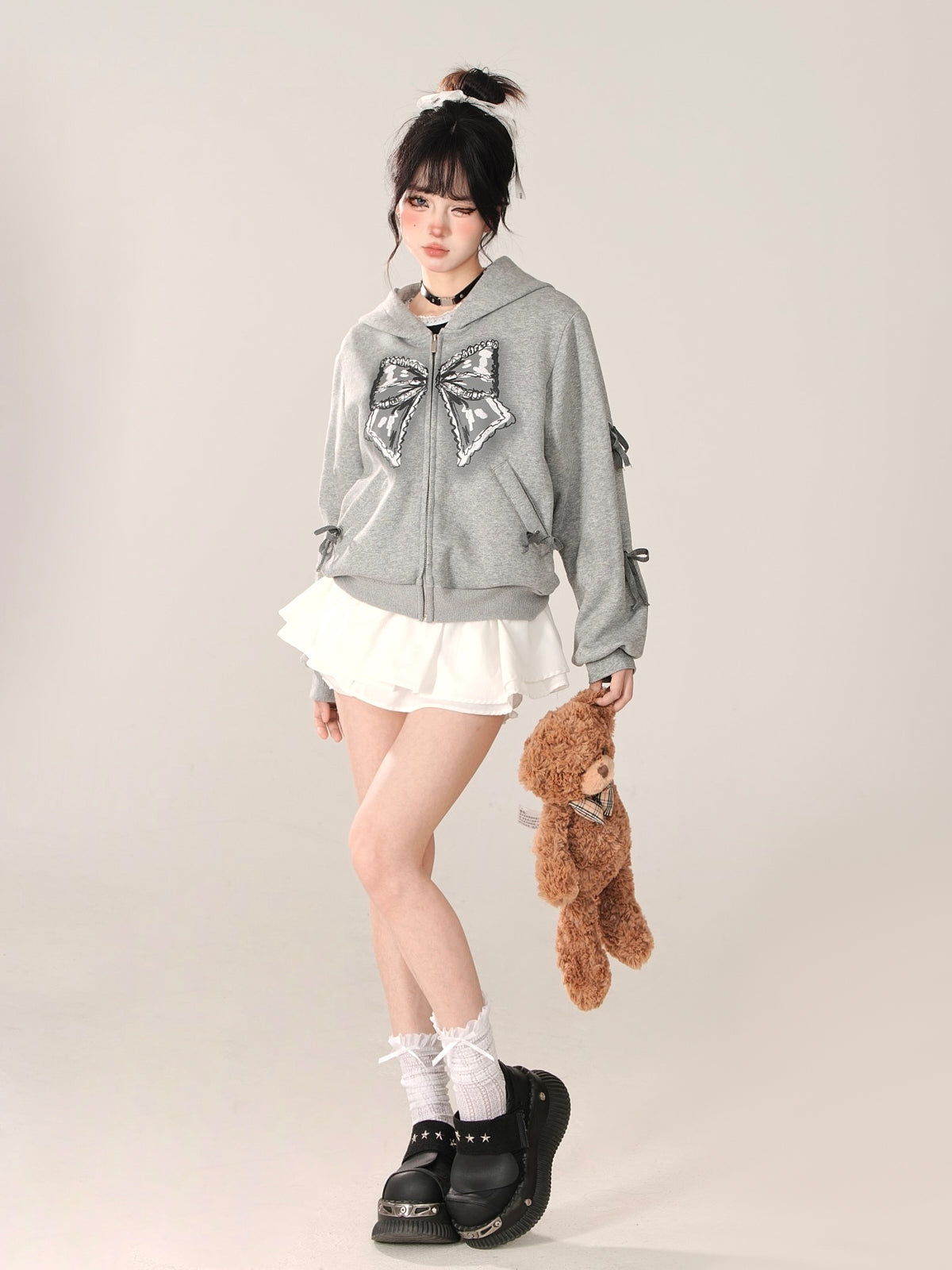 Zip-Up Hooded Loose Black Hoodie Ribbon