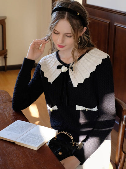 セーターブロックウェブリボンレトロラペルフレンチカラーカーディガン