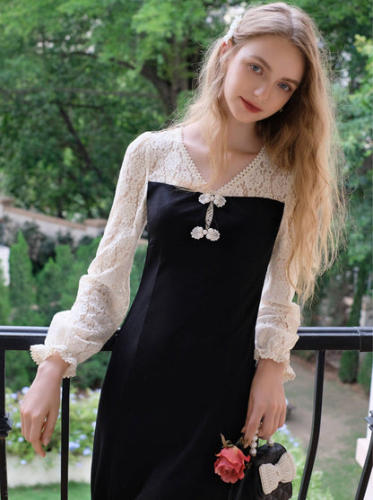 Black Splicing China Lace Dress Retro V-Neck