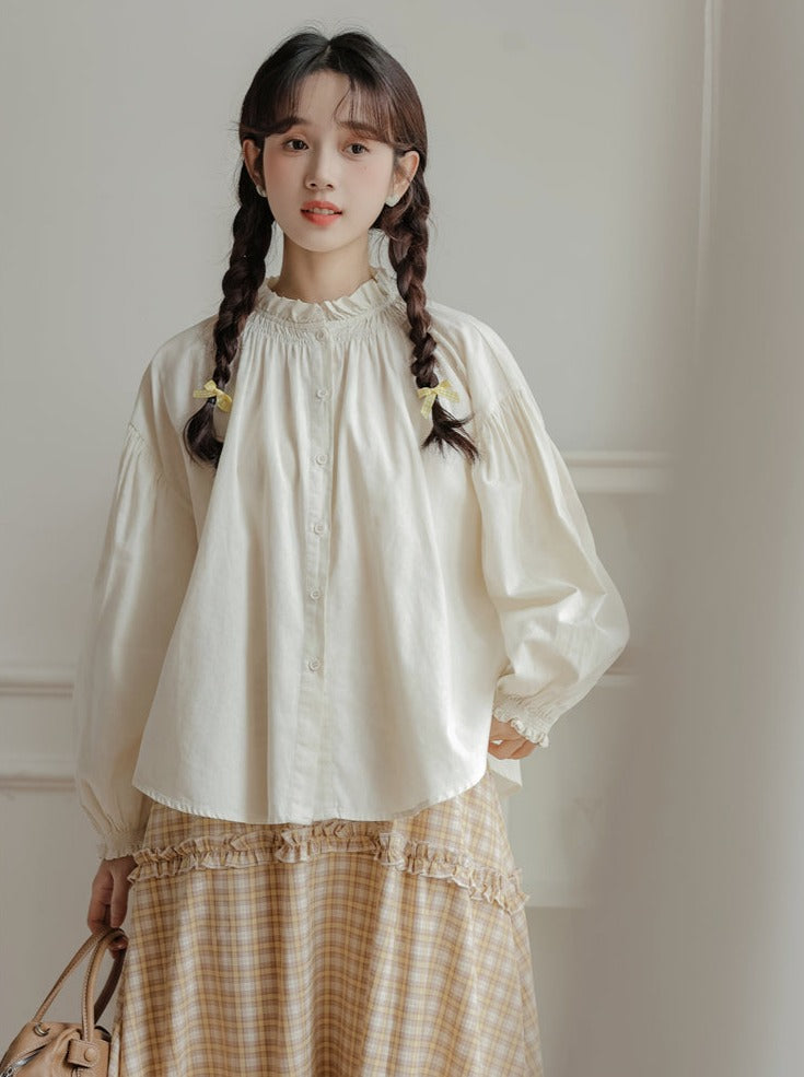 シャツネックハイリネンランタンスリーブ