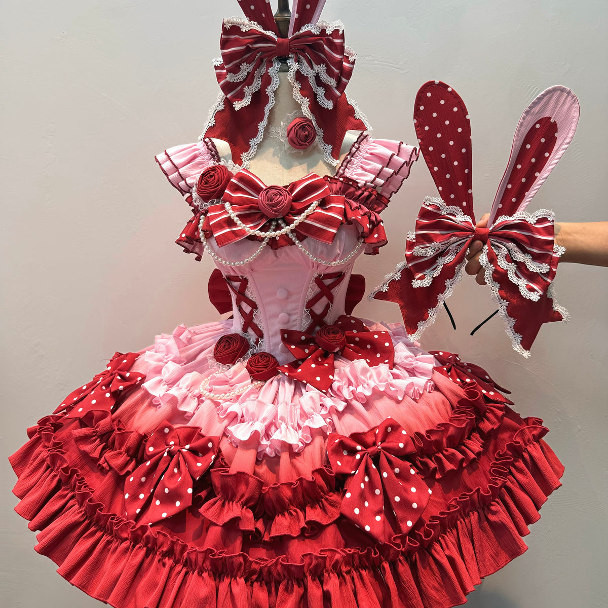 Berry red Babaluya Lolita dress and matching bunny-ear headpiece
