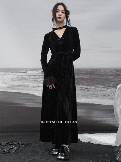 Spleißständer Chinesisches V-Kragen Mesh Romantisches Retro Samt Schwarzes Kleid