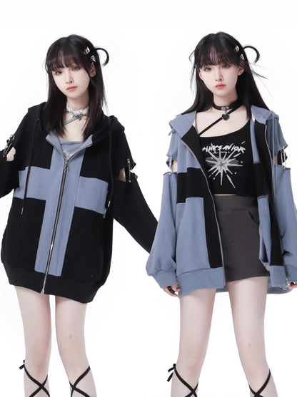 Zip Cami Cross Loose Pants Hoodie Top