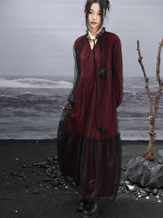 ゆったりとしたシースルーシャツ ダークドレス メッシュコントラスト
