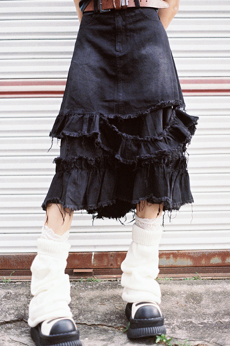 切りっぱなしミディデニムスカート