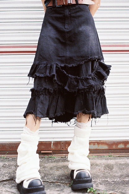 切りっぱなしミディデニムスカート