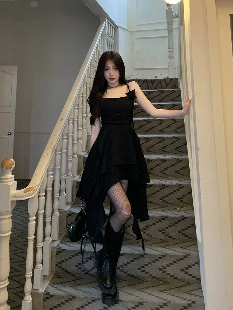 Black Asymmetric Spaghetti Strap Dress - A-Line Silhouette (M-4XL)