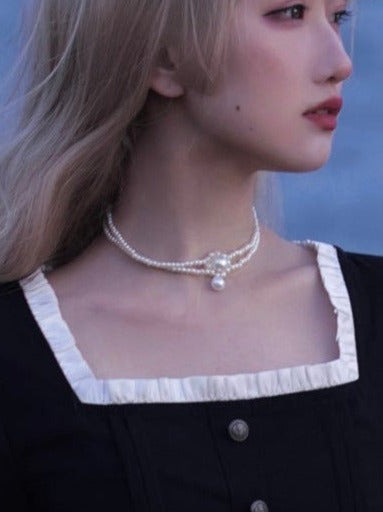 スクエアブラックパールウエストネックレスフレンチカラードレスブラックリボンキャットスーツレトロ