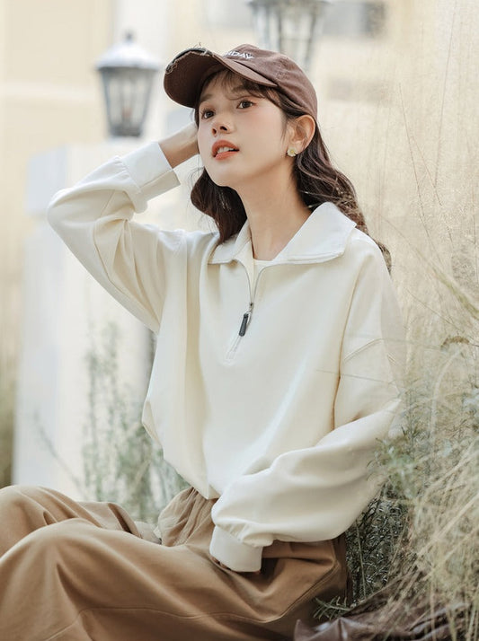 Pullover Zipper Sweatshirt College Style Lapel
